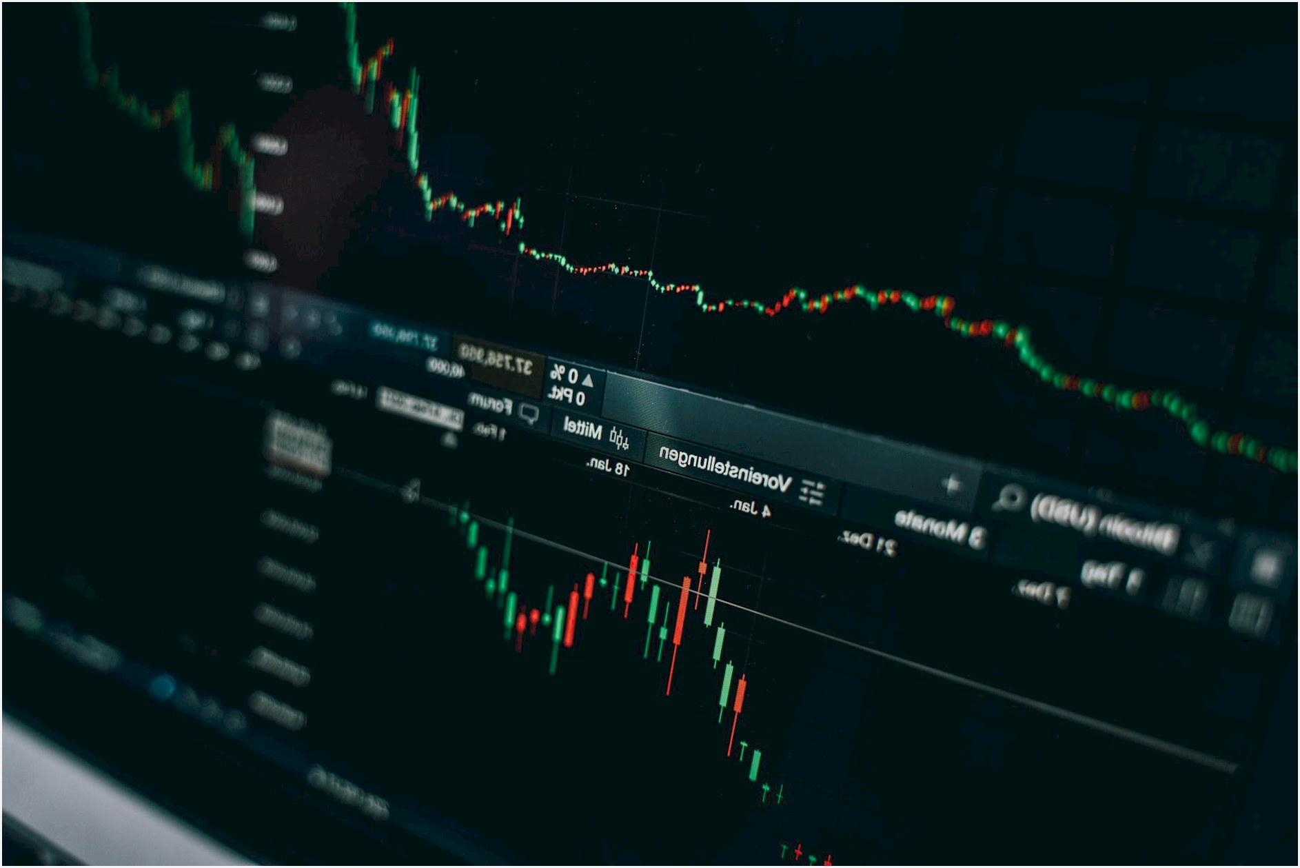 Close-up of a digital market analysis display showing Bitcoin and cryptocurrency price trends.