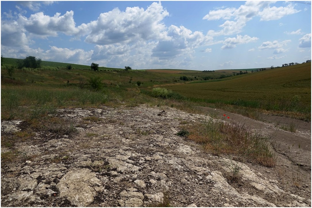 Hilly field landscape under a cloudy sky.