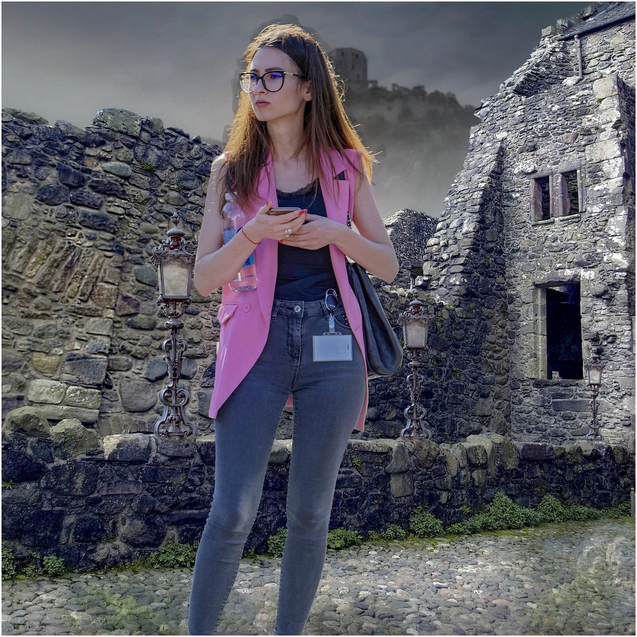 girl, casual, eyeglasses, tourist, visiting, street, medieval, stones, walls, degraded, old town, tourism