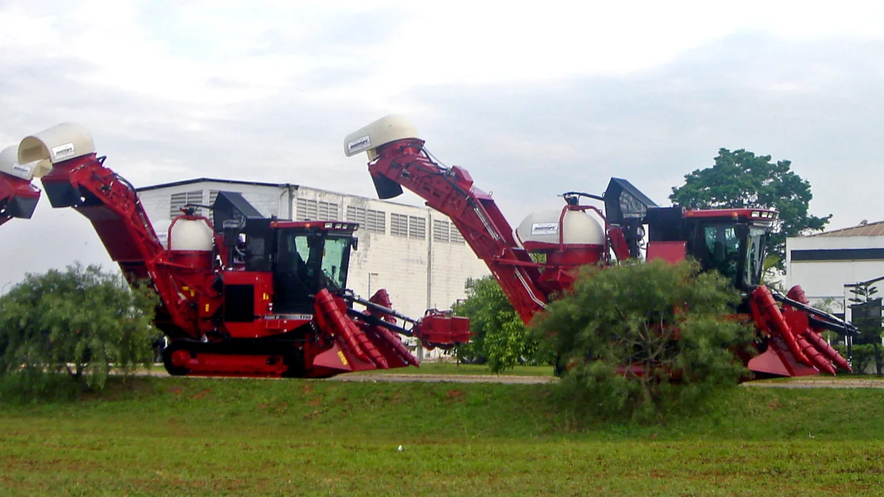 Colheitadeiras de cana-de-açúcar em área de trabalho