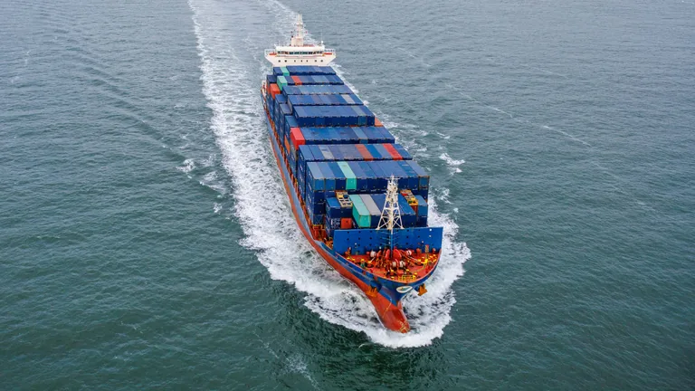 Navio porta-contêineres navegando com cargas, imagem contextual do comércio exterior do agronegócio
