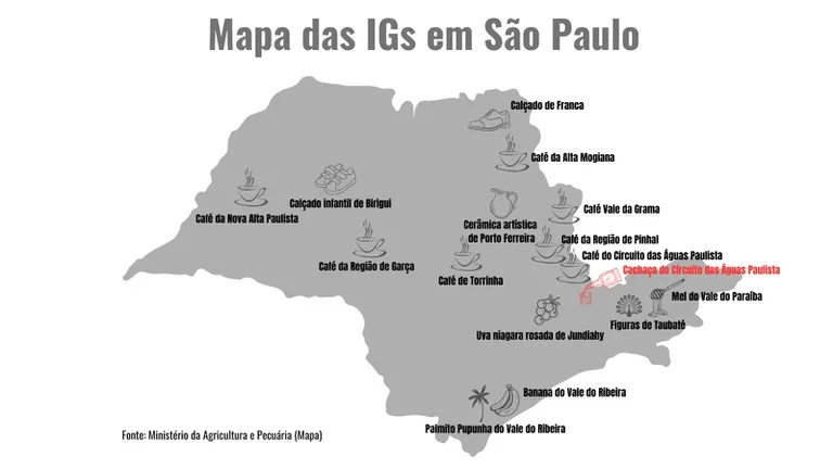 Mapa das Indicações Geográficas de São Paulo com a cachaça do Circuito das Águas Paulista destacada