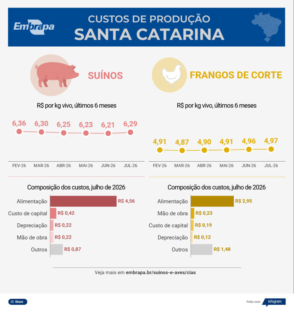 Infográfico da Embrapa com custos de produção de suínos e frangos de corte em Santa Catarina até julho de 2026
