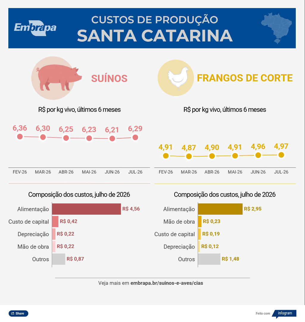 Infográfico da Embrapa com custos de produção de suínos e frangos de corte em Santa Catarina até julho de 2026