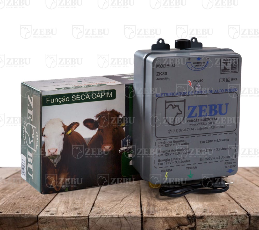 Eletrificador de cerca Zebu ZK80 ao lado da embalagem