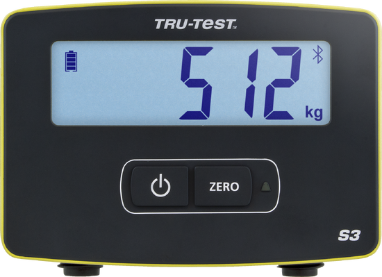 Indicador de pesagem Tru-Test S3 com visor mostrando 512 quilos