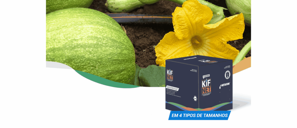 Caixa do kit KifNet ao lado de linha de gotejamento em plantação de abóbora