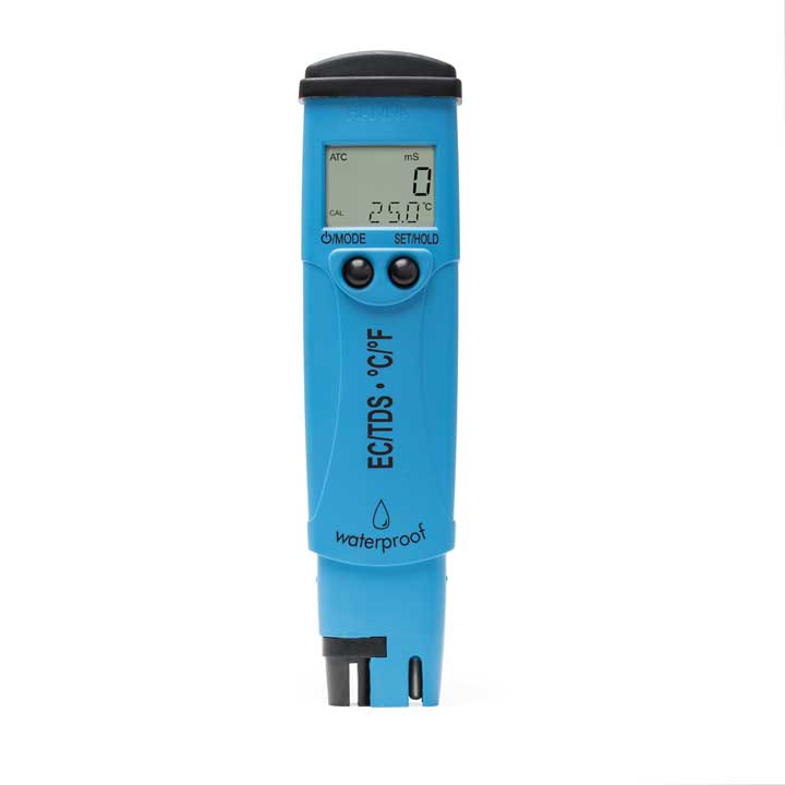 Medidor Hanna HI98312 azul com visor, botões e eletrodo de condutividade exposto