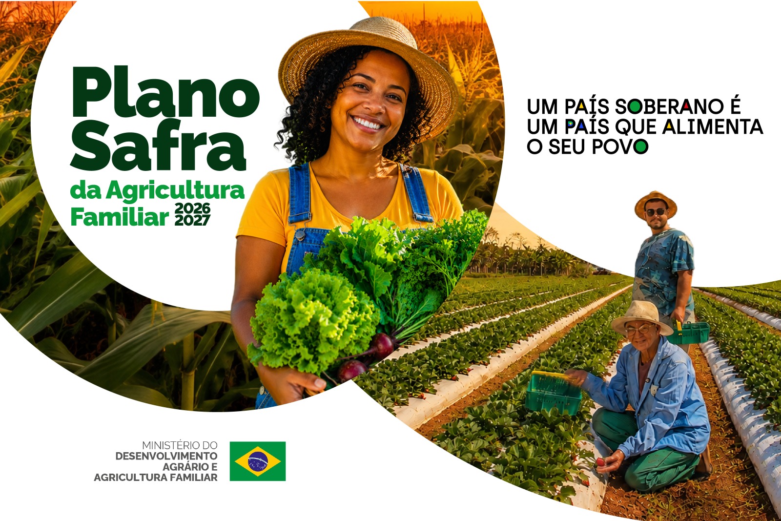 Arte do Plano Safra da Agricultura Familiar com produtores em lavoura e horta