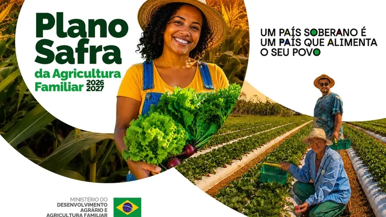 Arte do Plano Safra da Agricultura Familiar 2026/2027 com agricultora e trabalhadores em uma horta