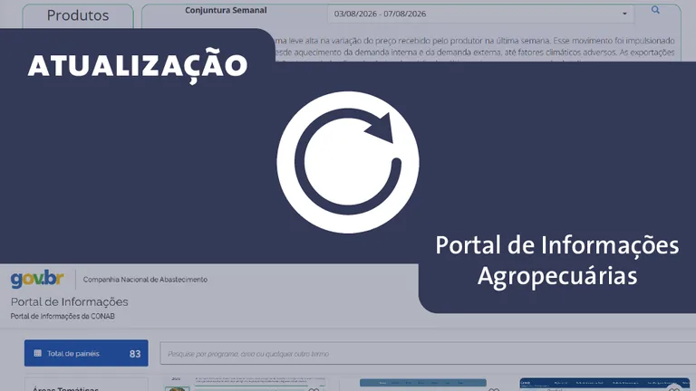 Tela atualizada do Portal de Informações Agropecuárias da Conab com painéis de produção e preços