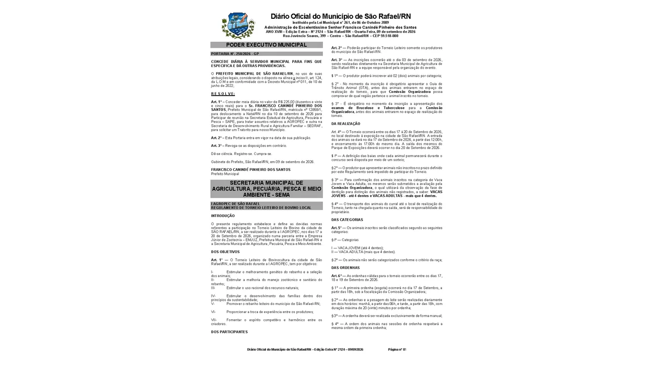 Página do Diário Oficial de São Rafael com regras do torneio leiteiro da AGROPEC 2026