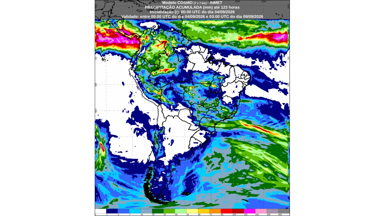 Mapa do INMET mostra a previsão de chuva acumulada entre 4 e 8 de setembro de 2026