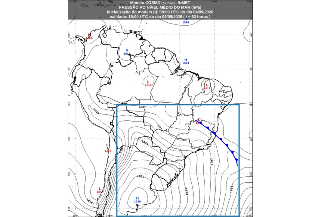 Mapa do INMET mostra a frente fria avançando pelo Brasil no feriadão de 7 de setembro