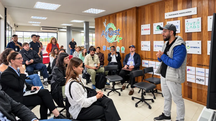 Pesquisador apresenta o AgNest a um grupo de visitantes em Jaguariuna