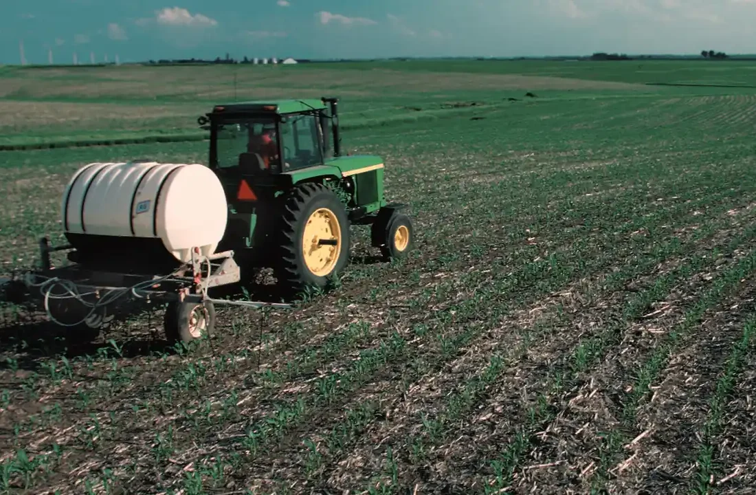 Trator aplica fertilizante em uma lavoura de milho