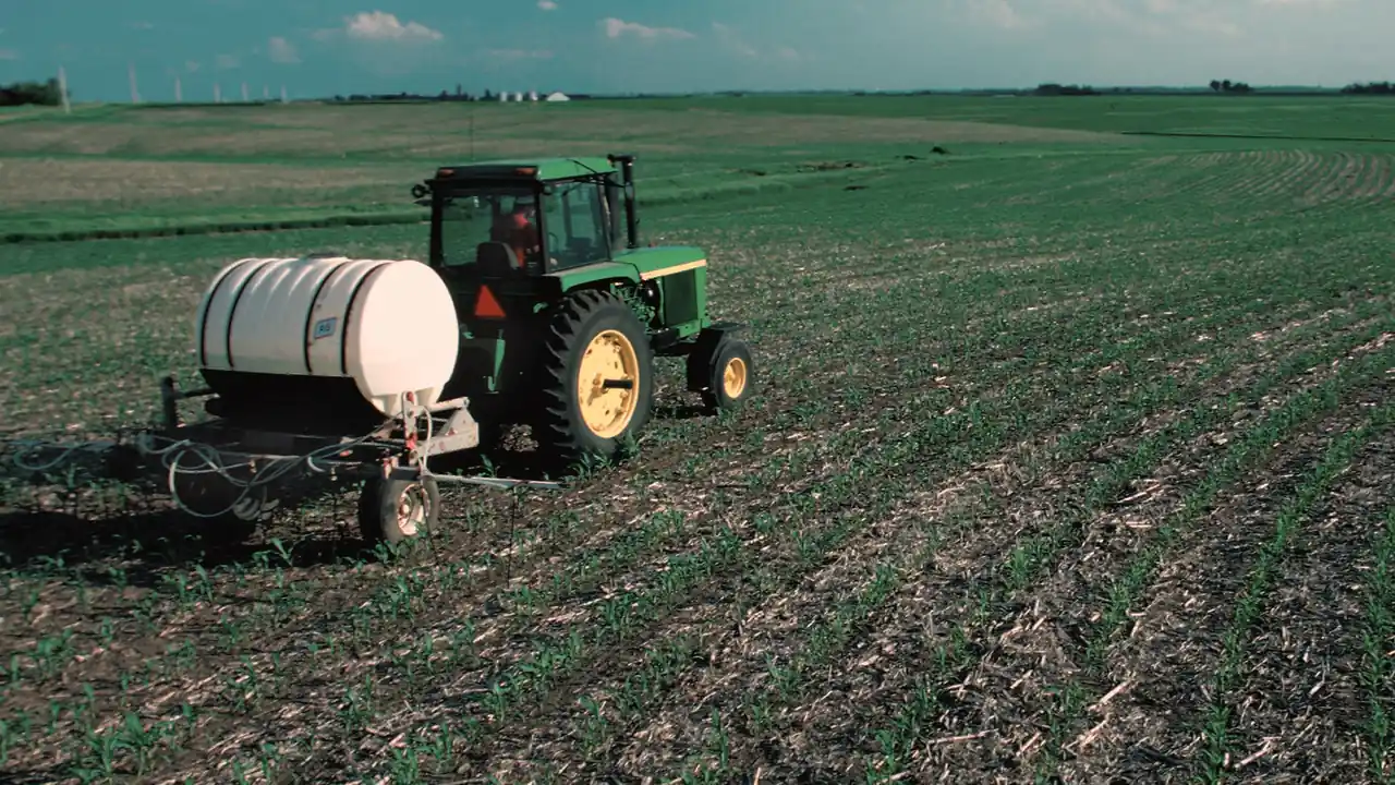 Trator aplica fertilizante em uma lavoura de milho