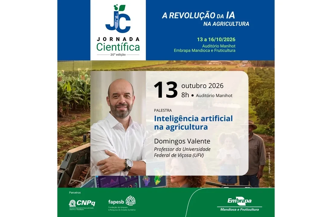 Cartaz oficial da 20ª Jornada Científica da Embrapa Mandioca e Fruticultura sobre inteligência artificial na agricultura