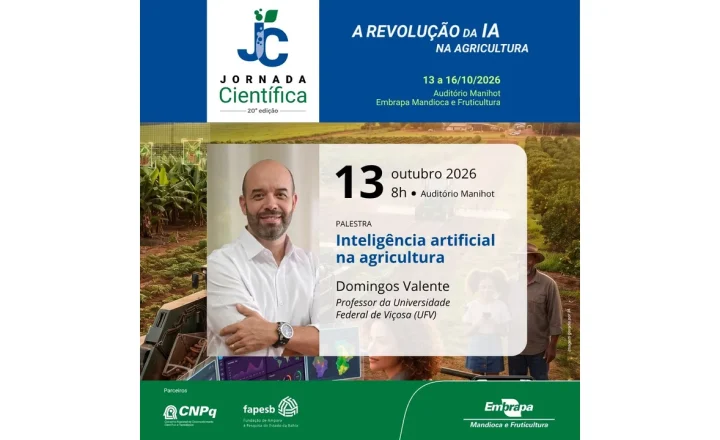 Cartaz oficial da 20ª Jornada Científica da Embrapa Mandioca e Fruticultura sobre inteligência artificial na agricultura