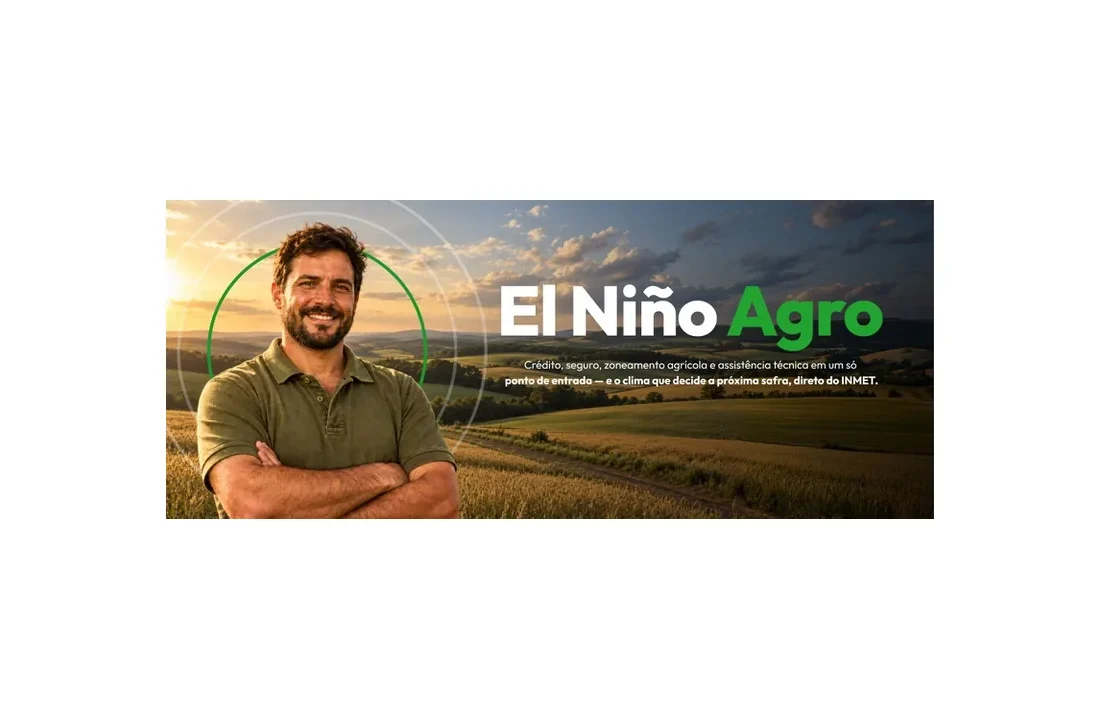 Banner oficial do Mapa sobre o El Niño Agro, com lavoura ao fundo e produtor rural em primeiro plano