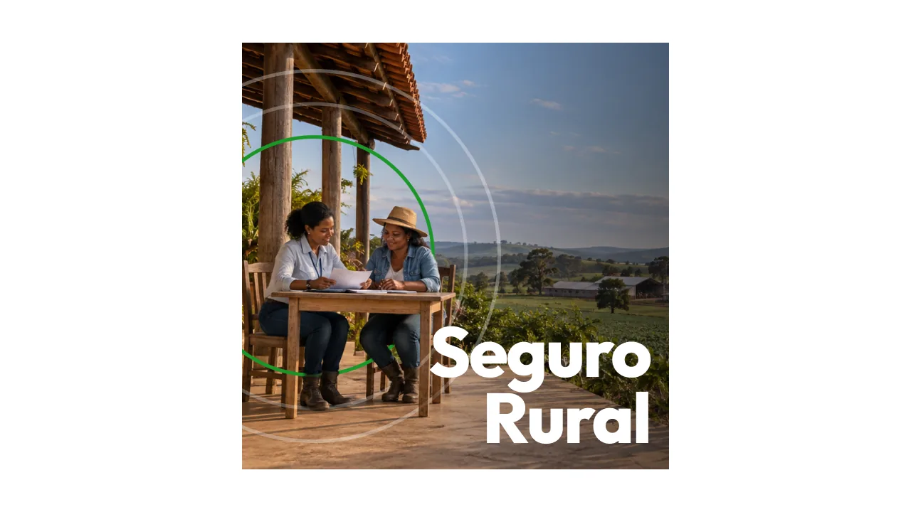 Banner oficial do Mapa sobre Seguro Rural, com produtoras analisando documentos em uma propriedade rural