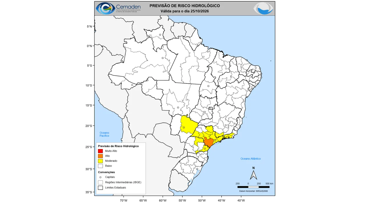 Mapa do CEMADEN mostra áreas com risco hidrológico em 25 de outubro de 2026