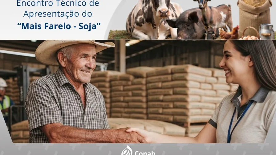 Arte da Conab sobre o programa Mais Farelo-Soja, com criador, sacos de insumos e animais