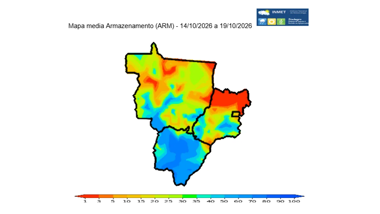 Mapa do Inmet mostra o armazenamento médio de água no solo entre 14 e 19 de outubro de 2026