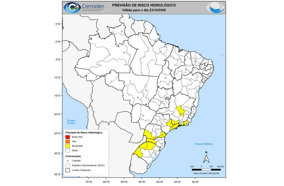 Mapa do CEMADEN mostra áreas com risco hidrológico em 23 de outubro de 2026