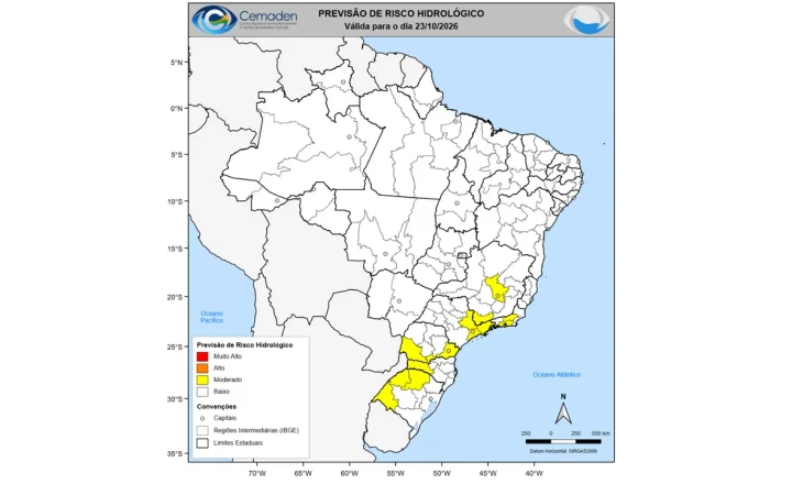 Mapa do CEMADEN mostra áreas com risco hidrológico em 23 de outubro de 2026