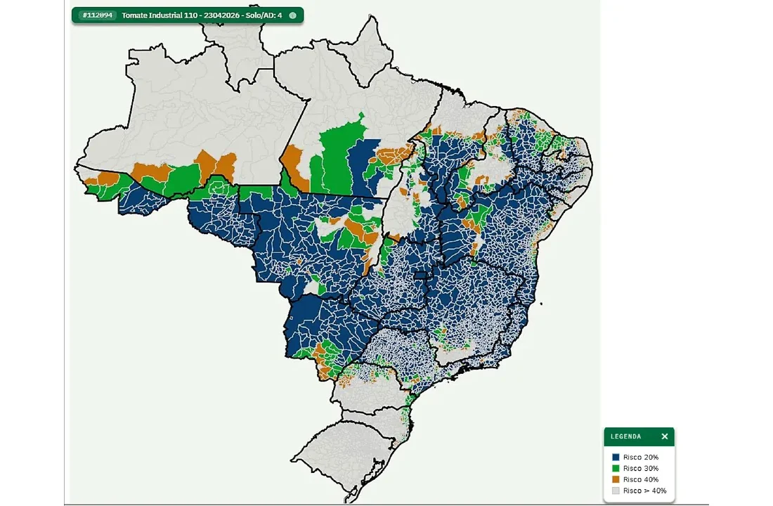 Mapa do Zoneamento Agrícola de Risco Climático para tomate industrial irrigado