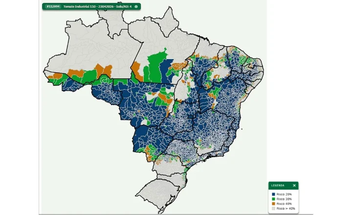 Mapa do Zoneamento Agrícola de Risco Climático para tomate industrial irrigado