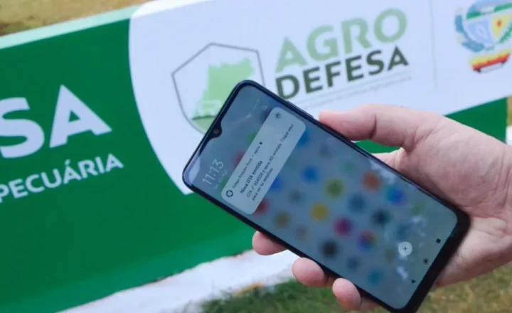 Produtor segura celular com aviso do aplicativo Sidago diante de material da Agrodefesa