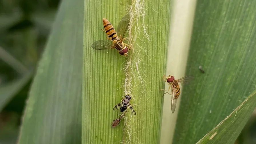 Moscas-sirfídeo adultas sobre folha de sorgo