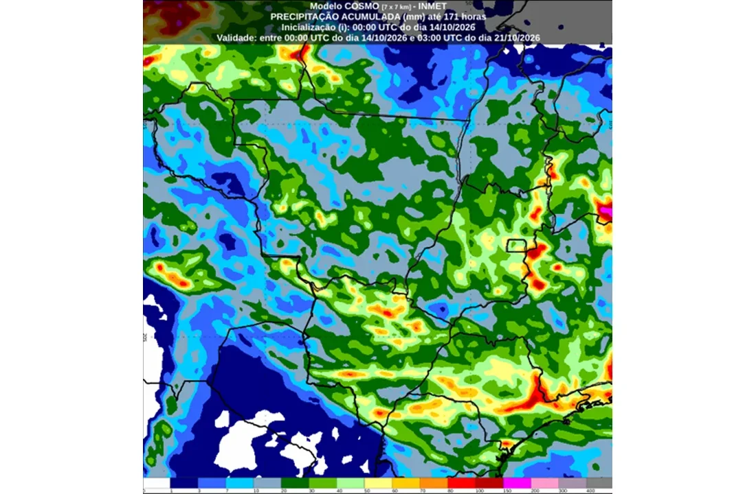 Mapa de precipitação acumulada previsto pelo Inmet para 14 a 21 de outubro de 2026