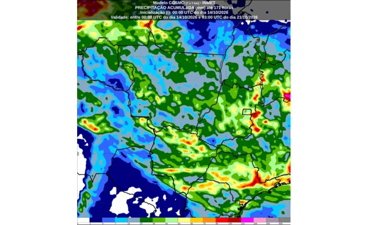 Mapa de precipitação acumulada previsto pelo Inmet para 14 a 21 de outubro de 2026