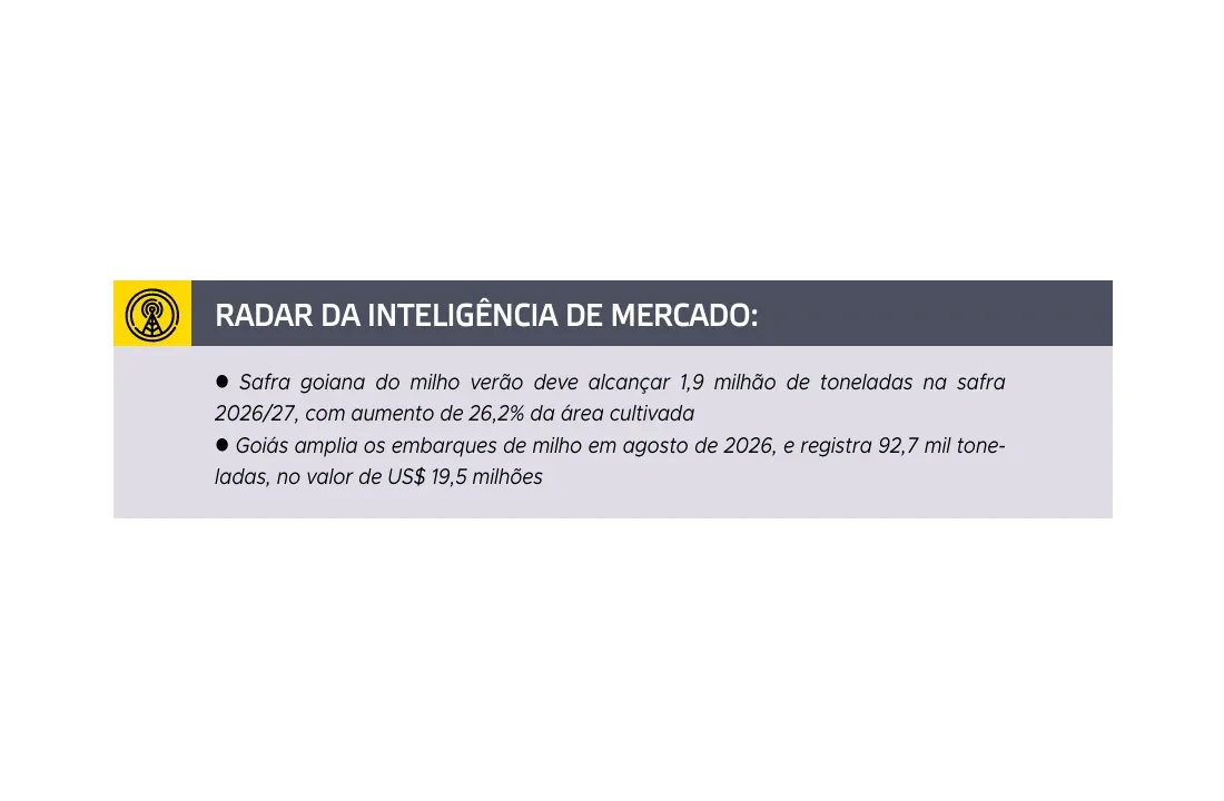 Painel da Seapa projeta safra de milho verão de Goiás em 1,9 milhão de toneladas e destaca exportações de agosto de 2026