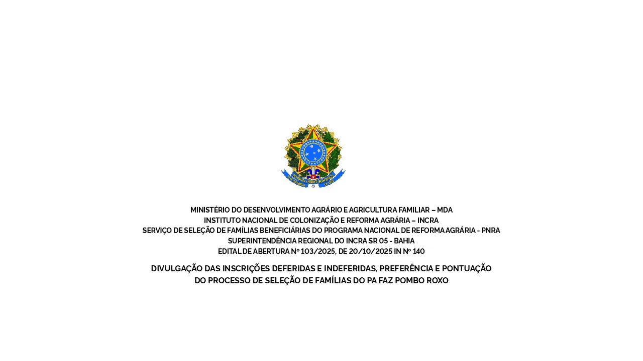 Cabeçalho de documento do Incra com resultado da seleção de famílias para o assentamento Pombo Roxo, na Bahia