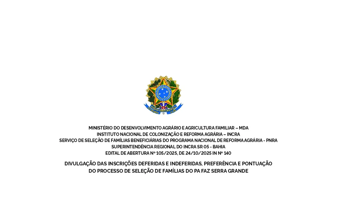 Cabeçalho de documento do Incra com resultado da seleção de famílias para o assentamento Serra Grande, na Bahia