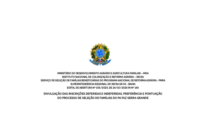 Cabeçalho de documento do Incra com resultado da seleção de famílias para o assentamento Serra Grande, na Bahia