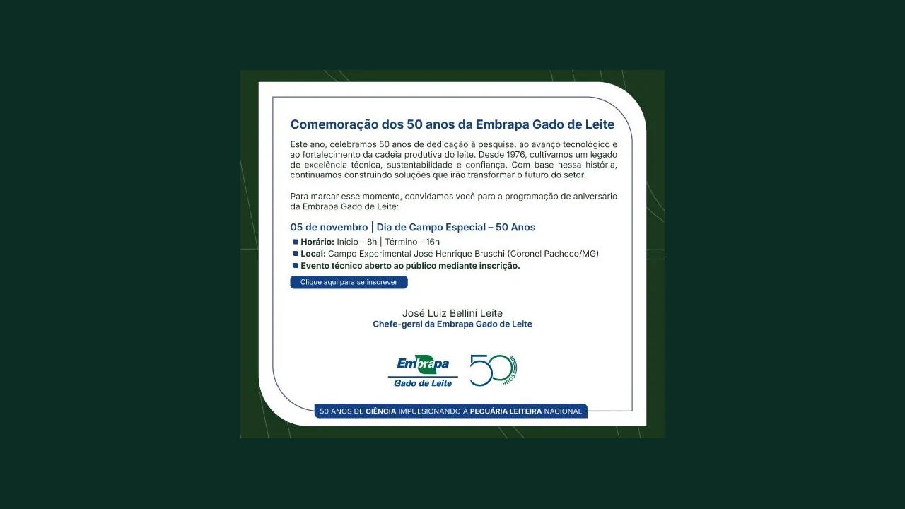 Informações oficiais do Dia de Campo de 5 de novembro de 2026 da Embrapa Gado de Leite