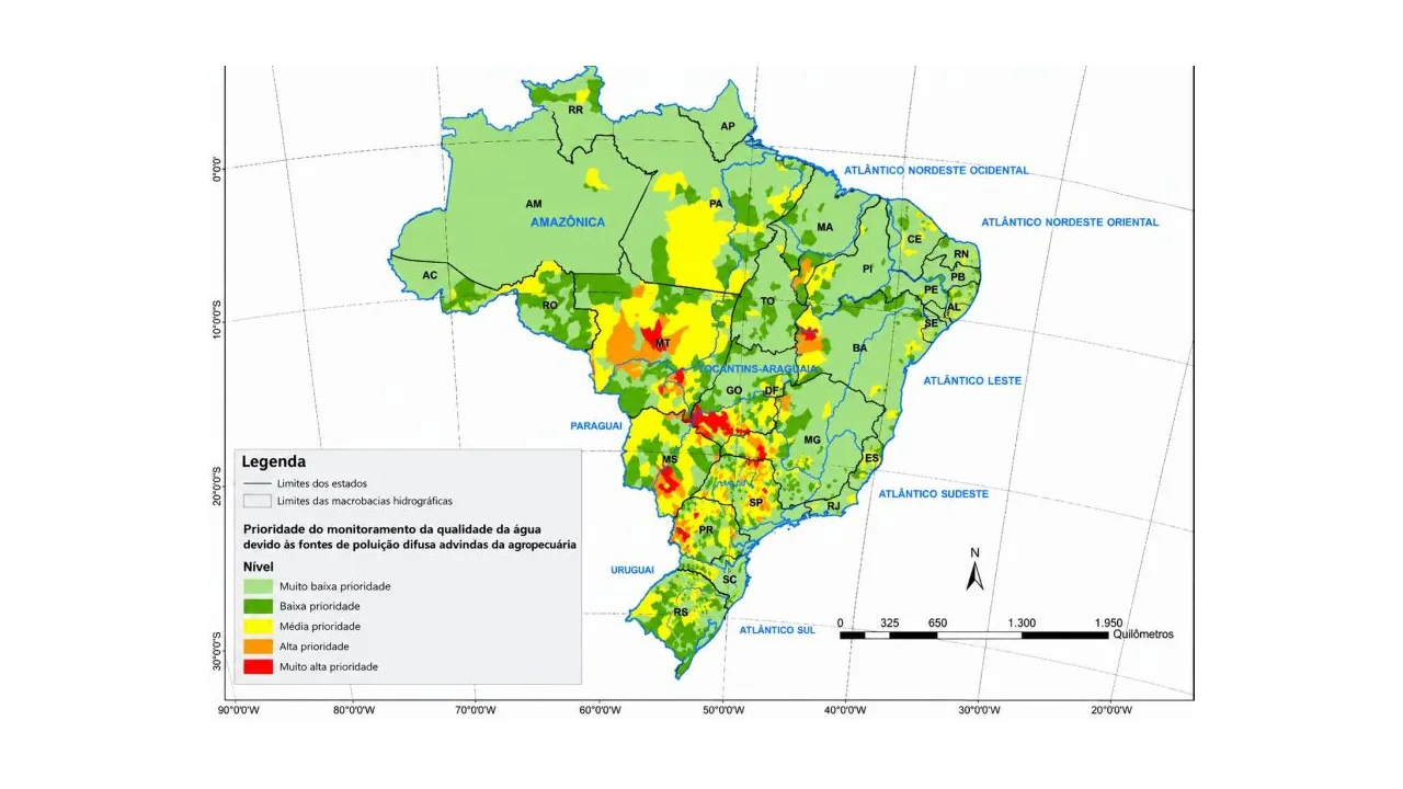 Mapa da Embrapa mostra a prioridade de monitoramento da qualidade da água por fontes difusas da agropecuária.