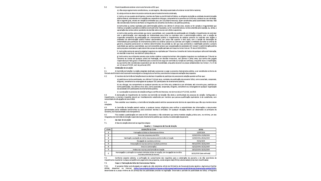 Quadro do cronograma da fase de seleção do Edital Alimento no Prato, com resultado preliminar previsto para 5 de novembro de 2026