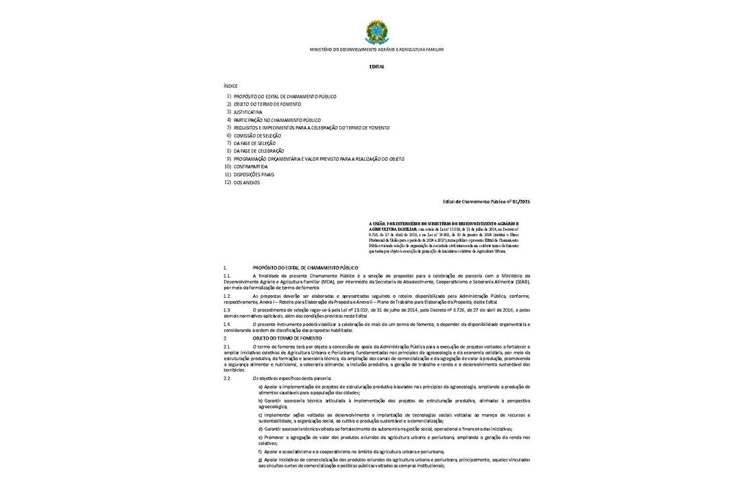 Primeira página do Edital de Chamamento Público nº 01/2026 do MDA, Alimento no Prato