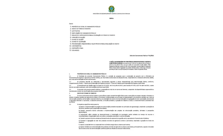 Primeira página do Edital de Chamamento Público nº 01/2026 do MDA, Alimento no Prato
